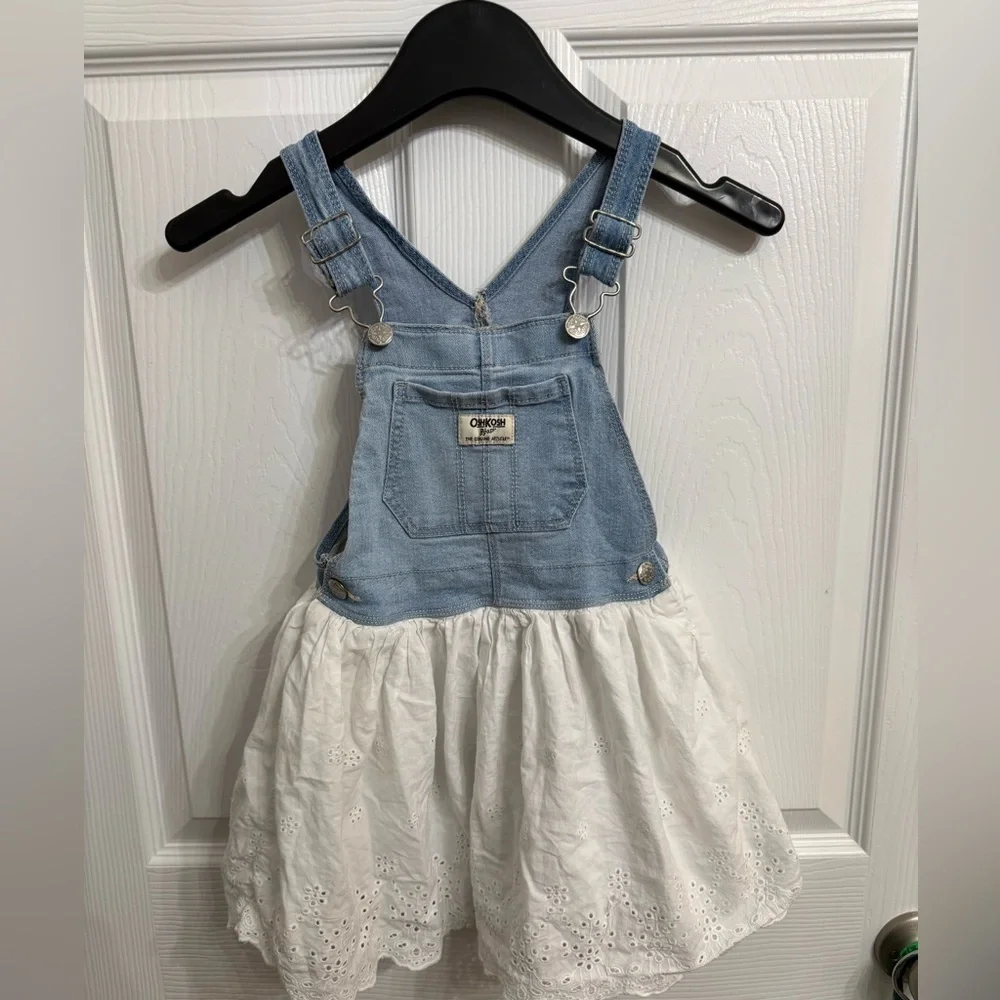 OshKosh 5T Denim Eyelet Overall Dress Cottagecore Prairie Blue White